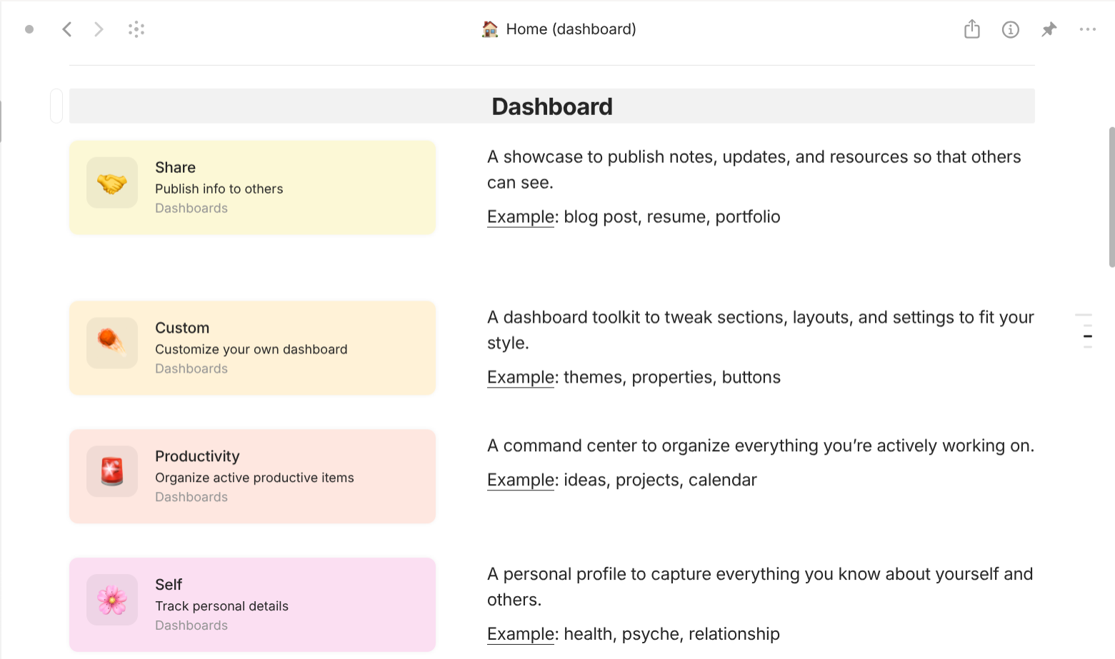 Anytype's Dashboard-based objects use case
