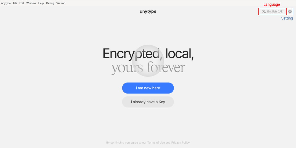 Anytype's Login screen