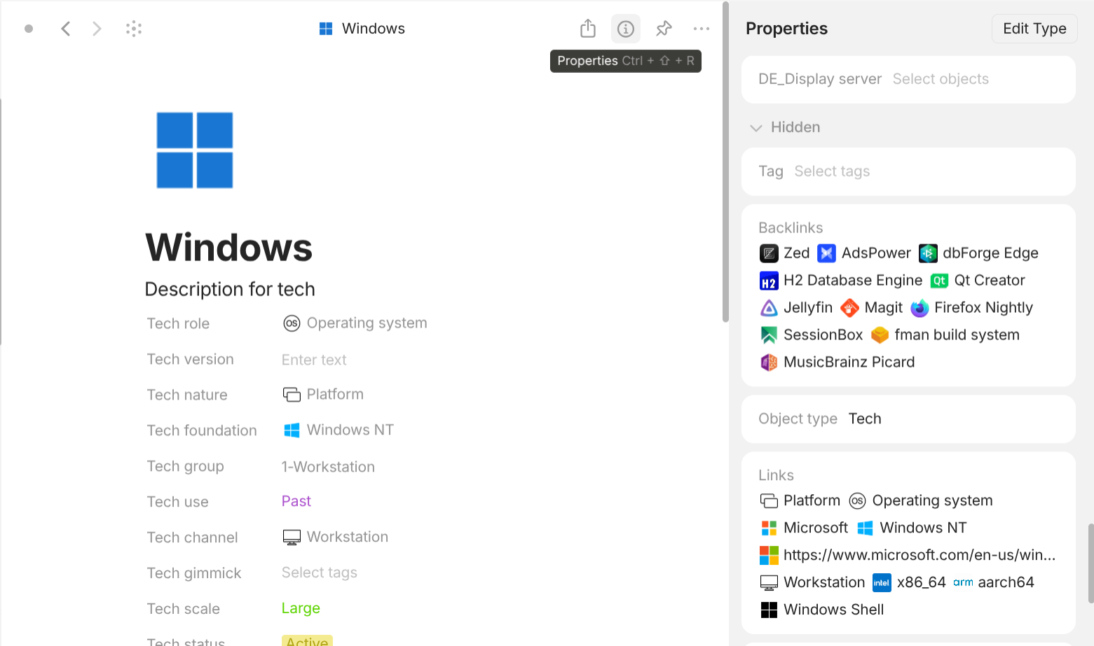 Anytype's Properties panel