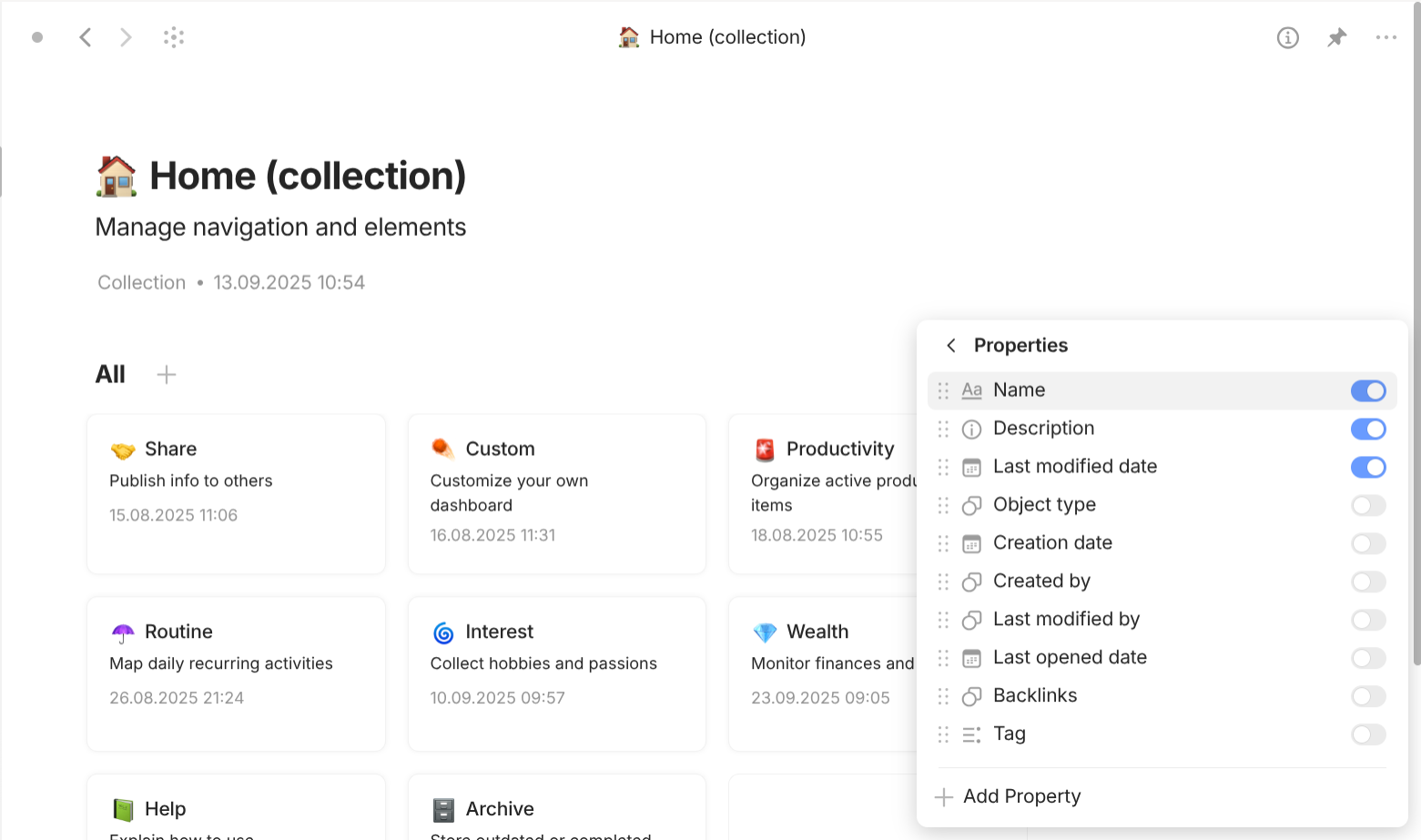 Anytype's Properties section inside View settings