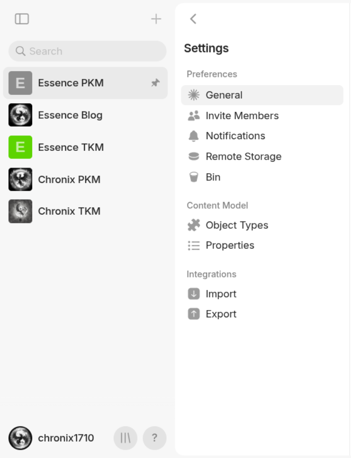 Anytype's Settings panel