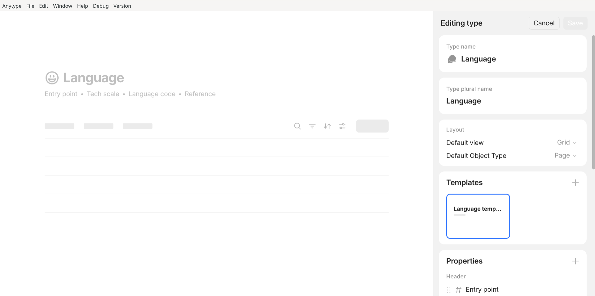 Anytype's template configuration in creating a new type